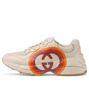 Gucci Rhyton Logo Print GG Sneakers in Tan / Beige w/ Orange & Red Logo